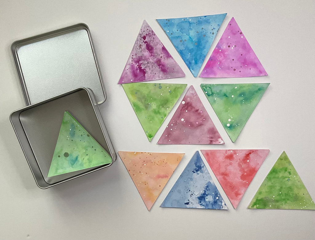 Square aluminium tin for standard & 3Z size Tiles and 10 watercolour triangle shaped art Tiles