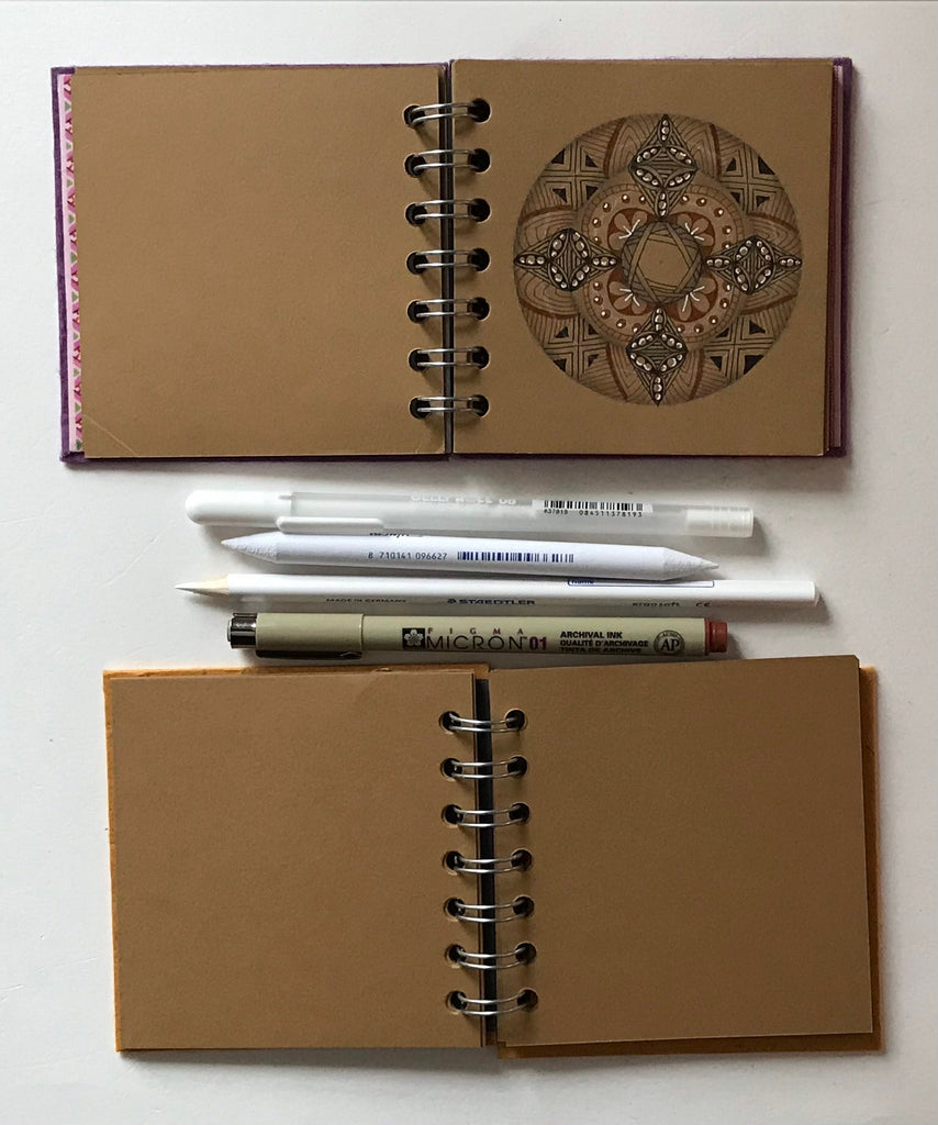 Mini sketchbooks with brown paper, pen & pencil kit