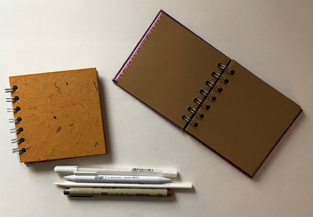Mini sketchbooks with brown paper, pen & pencil kit