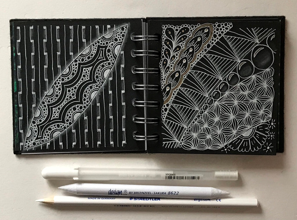 Mini sketchbook with black paper, White Gelly roll pen, white pencil & Tortillion kit