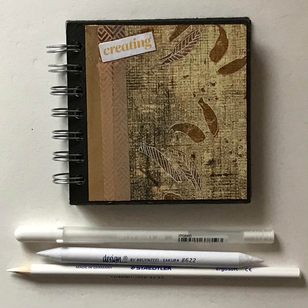 Mini sketchbook with black paper, White Gelly roll pen, white pencil & Tortillion kit
