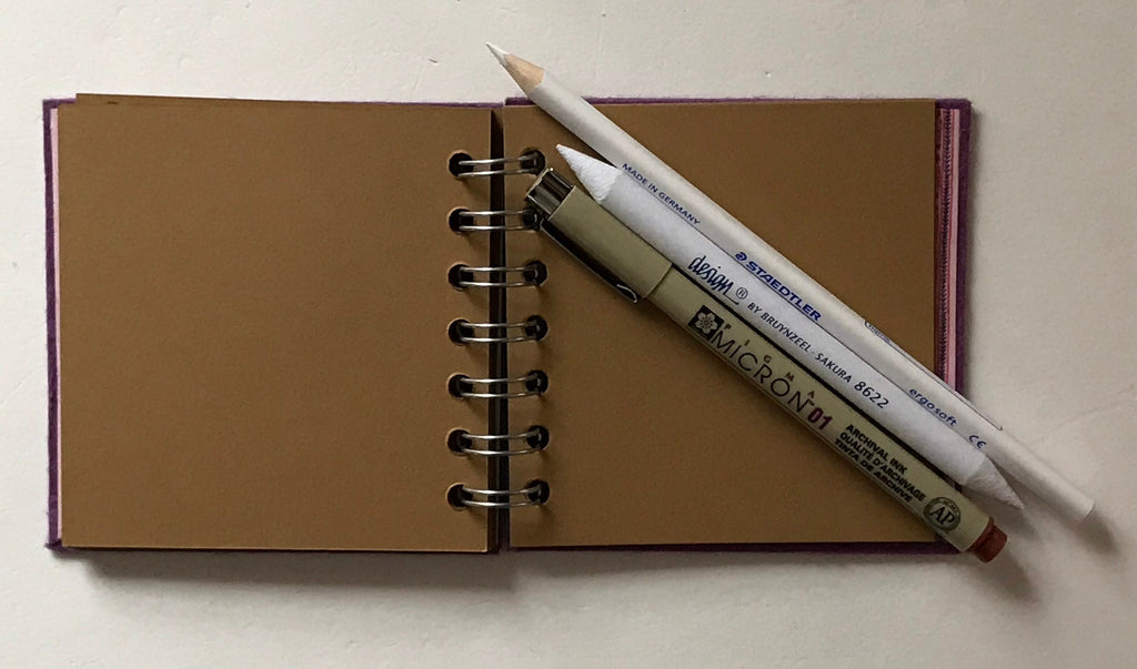 Mini sketchbooks with brown paper, pen & pencil kit