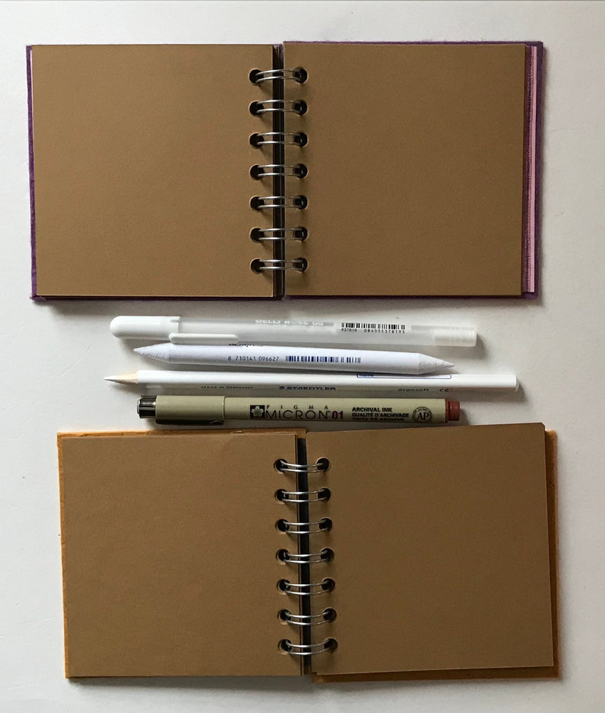 Mini sketchbooks with brown paper, pen & pencil kit