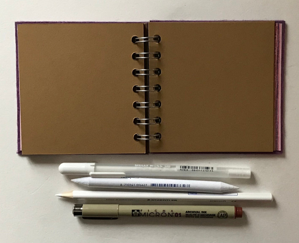 Mini sketchbooks with brown paper, pen & pencil kit