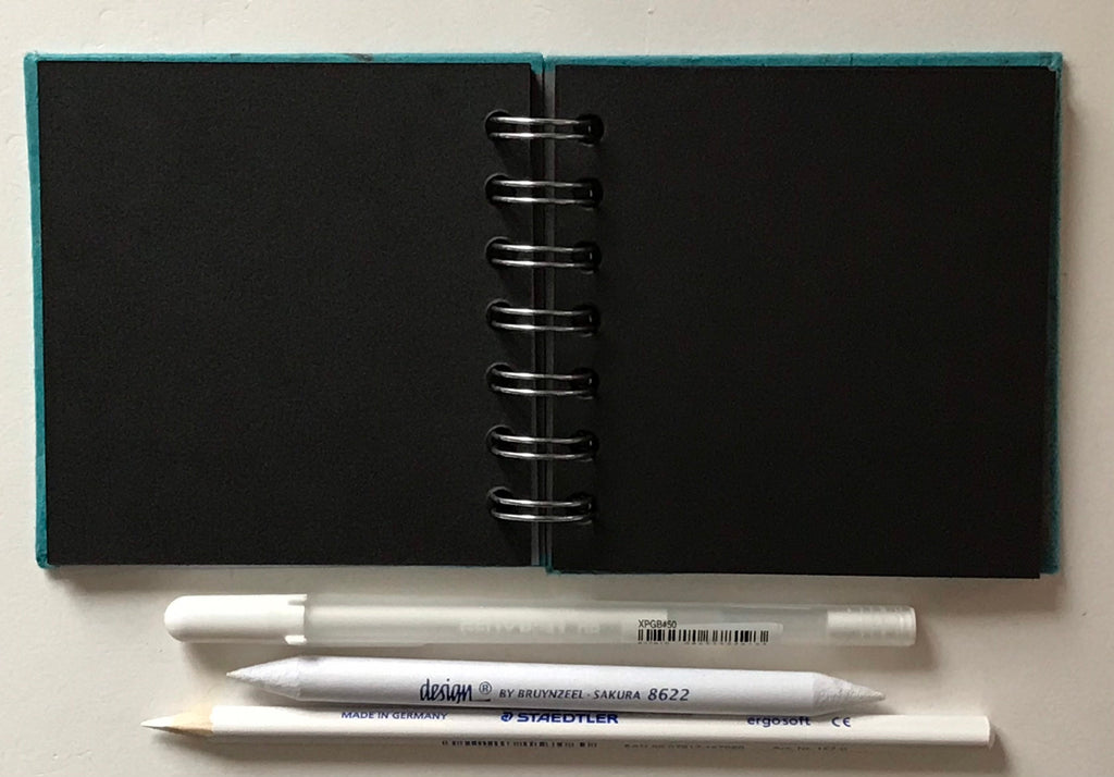 Mini sketchbook with black paper, White Gelly roll pen, white pencil & Tortillion kit