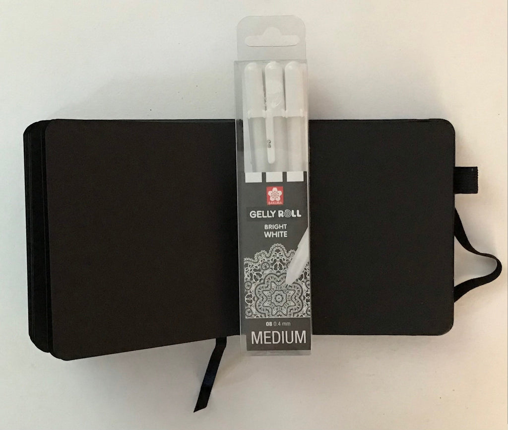 Sakura square black sketchbook and 3 White Medium 08 Gelly roll pens