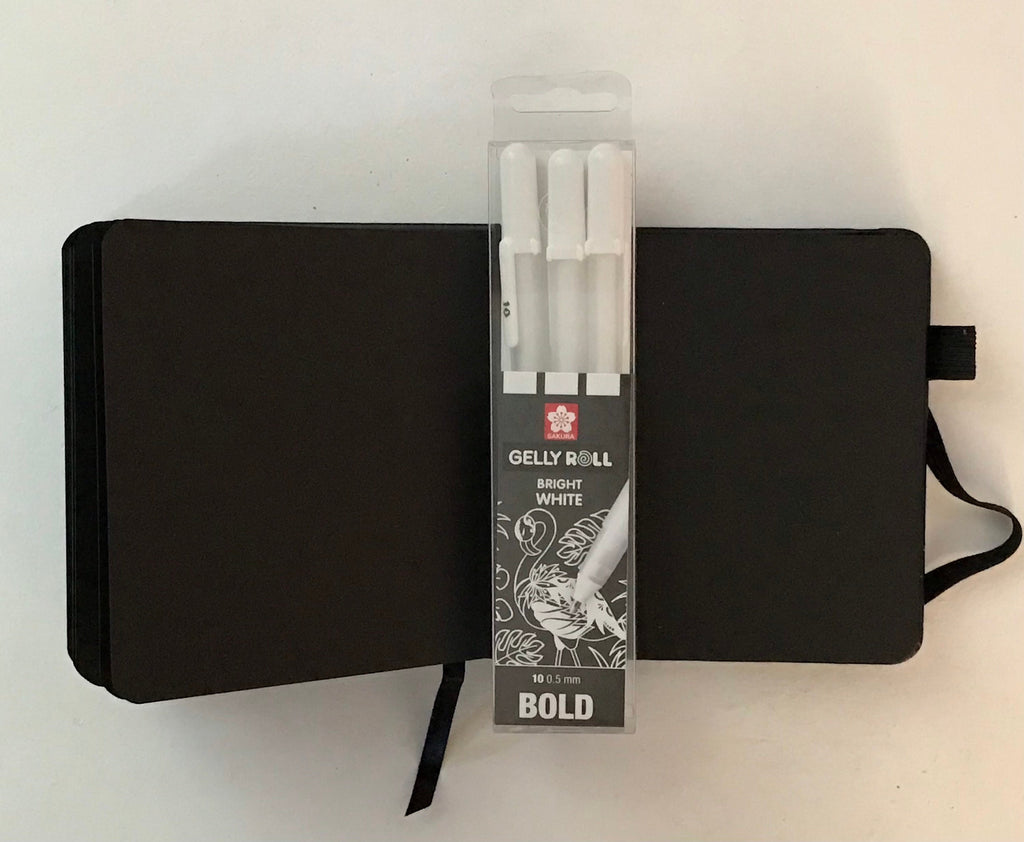 Square black sketchbook with 3 white 10 Bold Gelly roll pens