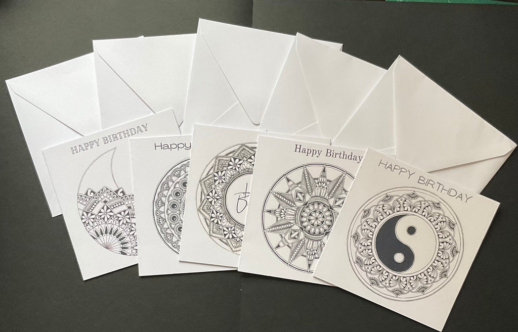 Set of 5 black printed mandala greetings cards