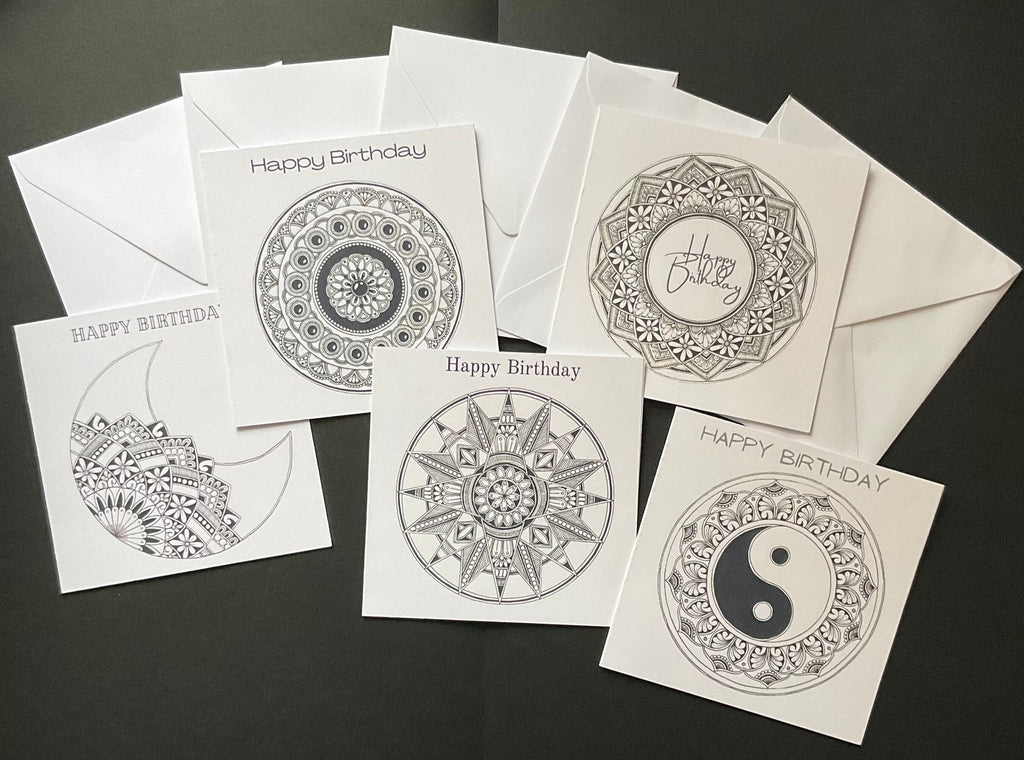 Set of 5 black printed mandala greetings cards