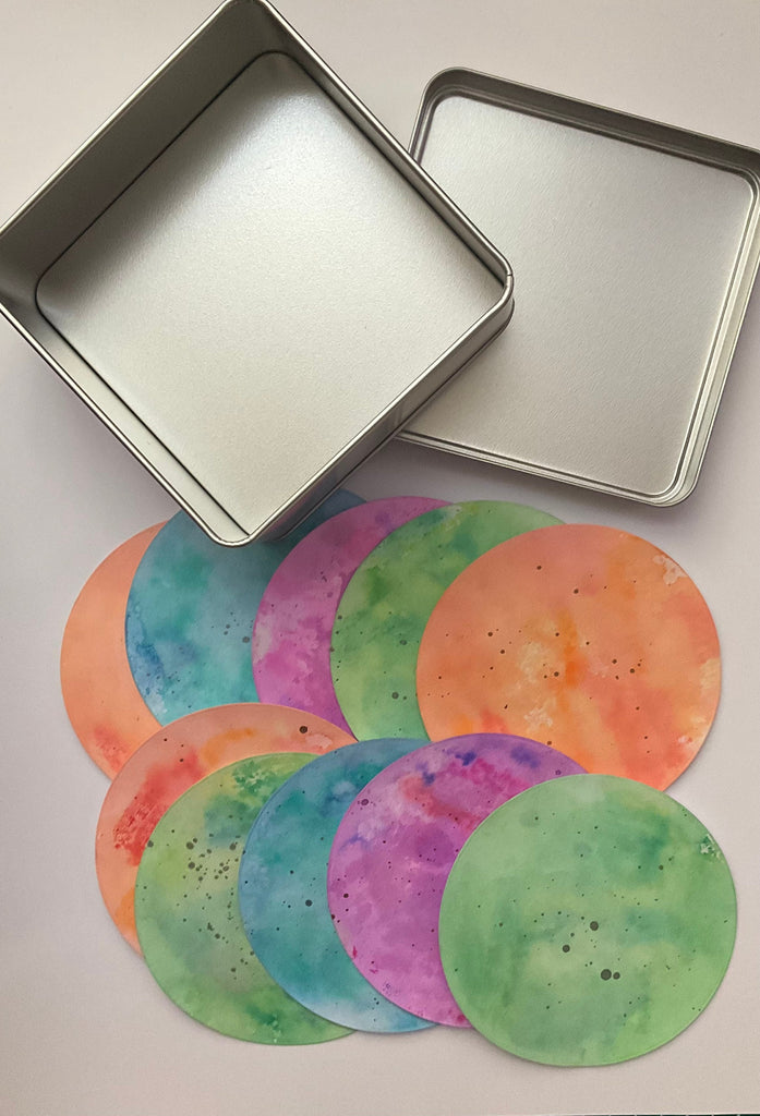 Silver tin and x10 watercolour round art Tiles