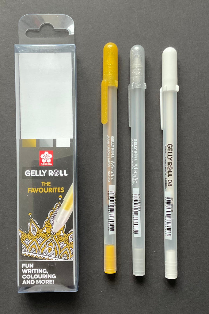 Sakura mixed Gelly roll, Gold, Silver & White pack x3 08 nib pens