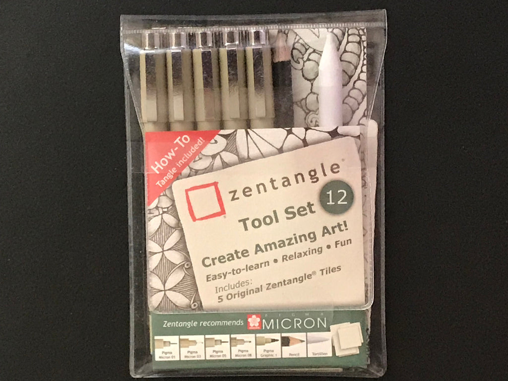 Silver coloured rectangular stationery tin and 12 piece Zentangle tool set