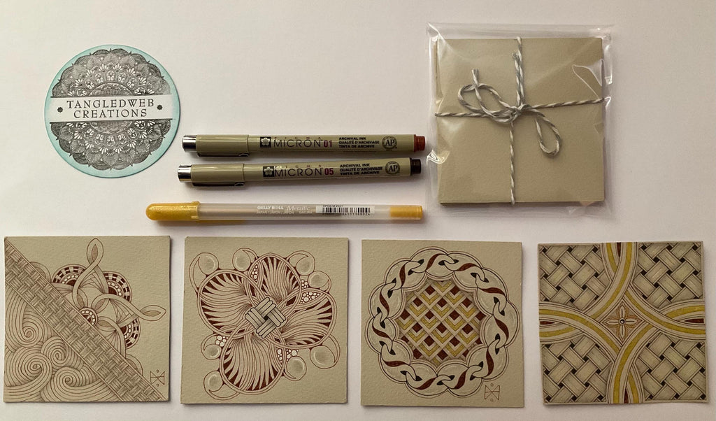 10 Brown coloured square artist Tangle Tiles with x3 pens kit