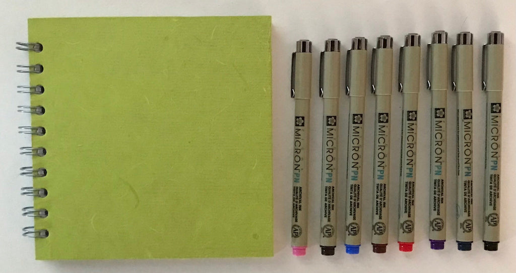 6x6” square sketchbook with coloured pack 8 PN fineliner pens