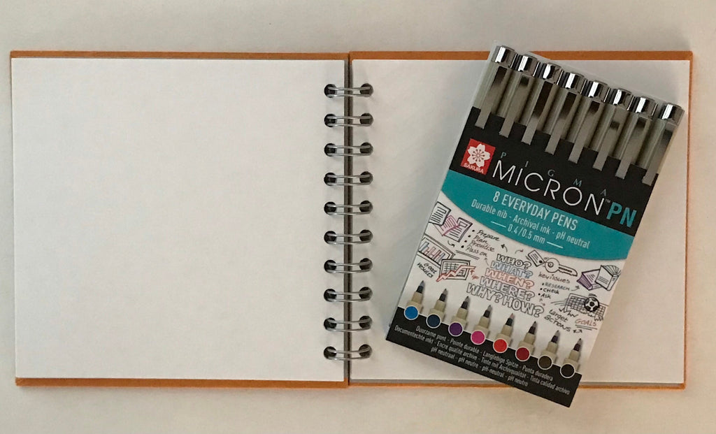 6x6” square sketchbook with coloured pack 8 PN fineliner pens