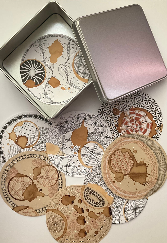 Silver tin and x10 coffee stained round Tiles