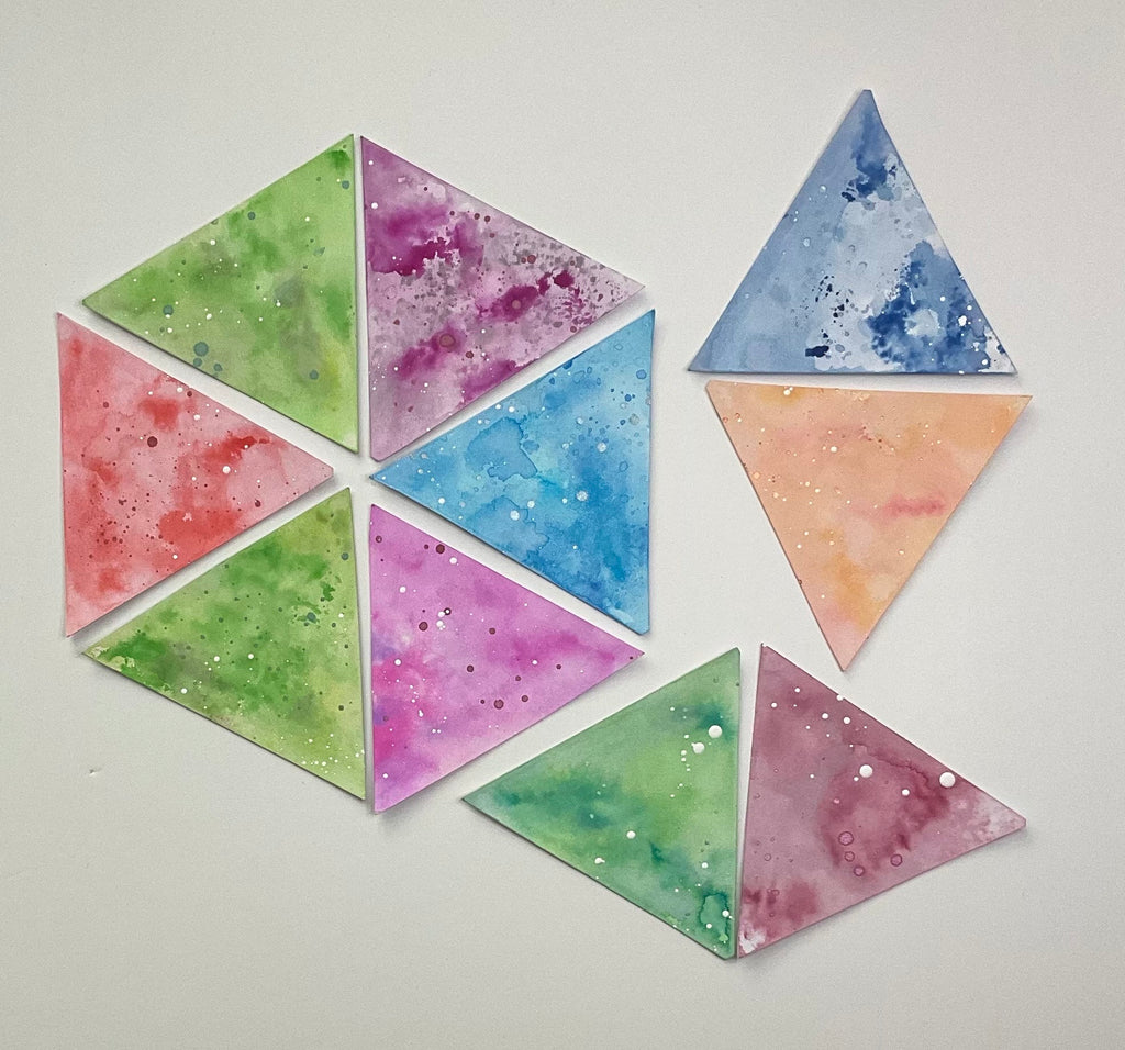 Square aluminium tin for standard & 3Z size Tiles and 10 watercolour triangle shaped art Tiles